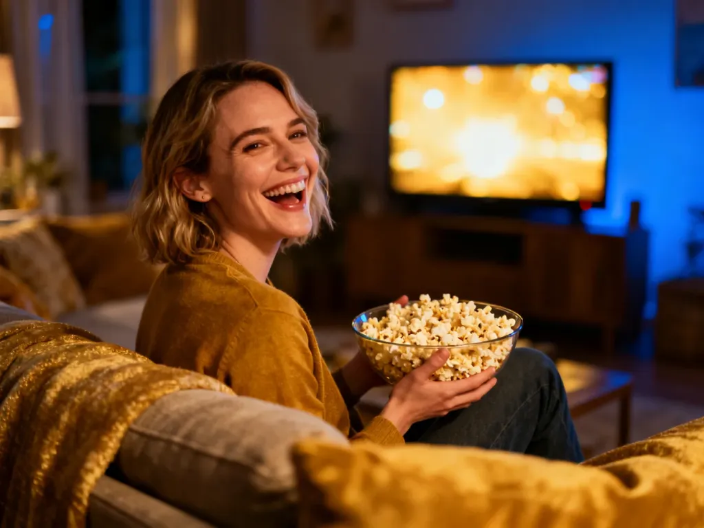 Kobieta śmiejąca się podczas oglądania filmu na kanapie z miską popcornu w przytulnym salonie.