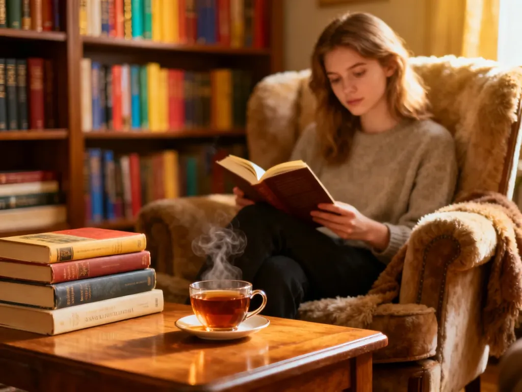 Młoda kobieta czytająca książkę w przytulnym kąciku z filiżanką herbaty, otoczona regałami z literaturą młodzieżową.