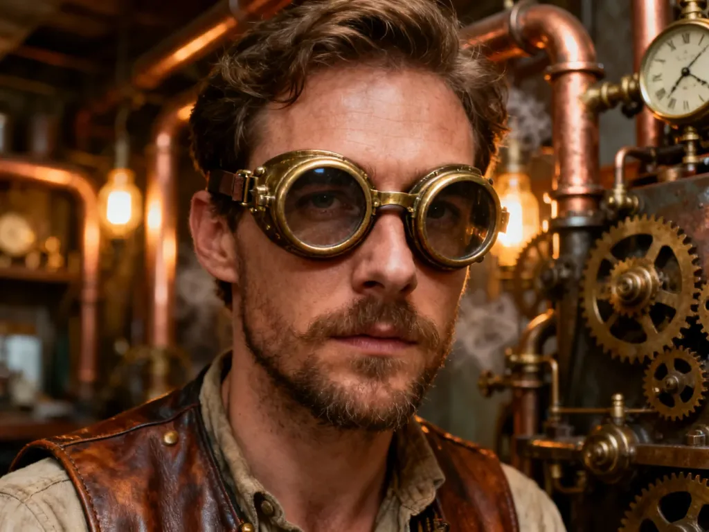 Mężczyzna w goglach i skórzanej kamizelce na tle warsztatu z miedzianymi rurami i trybami w stylu steampunk.