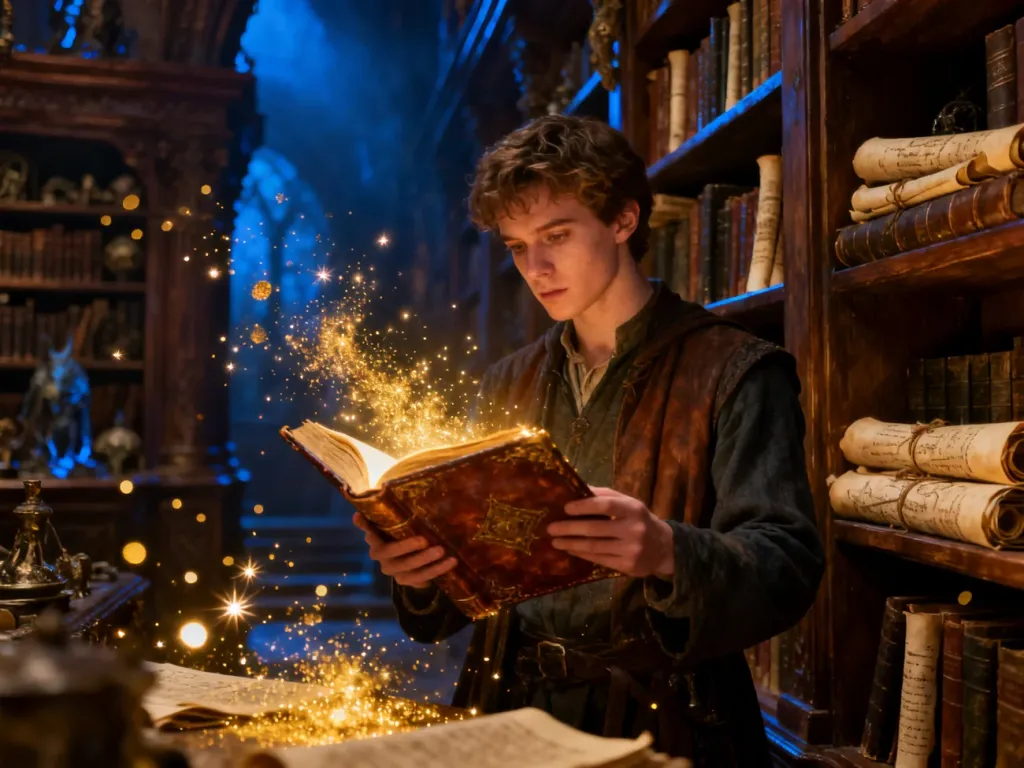 Młody mężczyzna w magicznej bibliotece trzymający świecącą, starodawną księgę, co podkreśla klimat filmów fantasy.