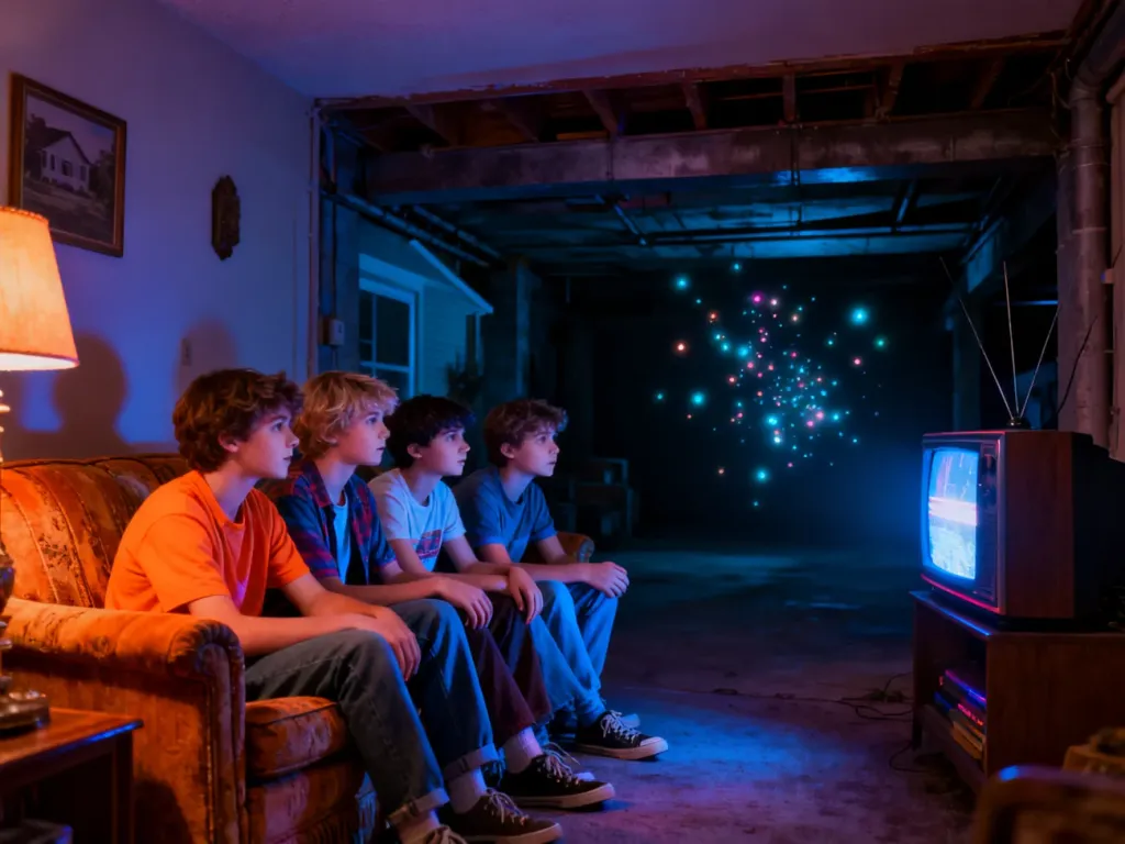 Grupa nastolatków w klimacie lat 80. ogląda telewizor w przytulnym salonie, co nawiązuje do estetyki Stranger Things.