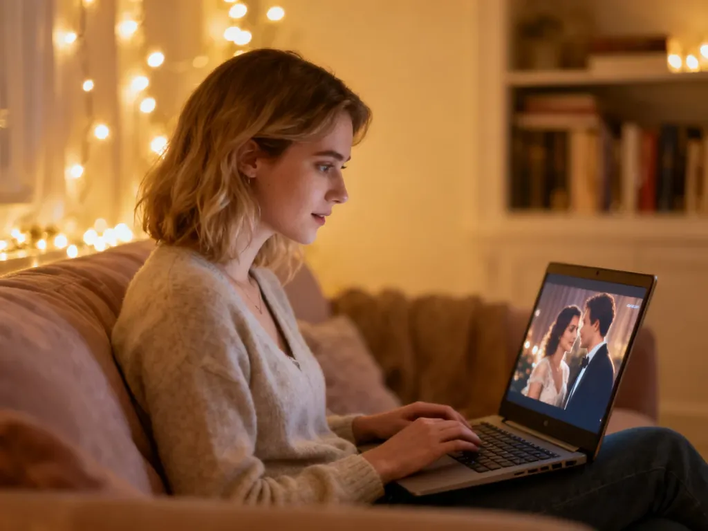 Młoda kobieta oglądająca romantyczny film na laptopie w przytulnym, nastrojowym salonie.