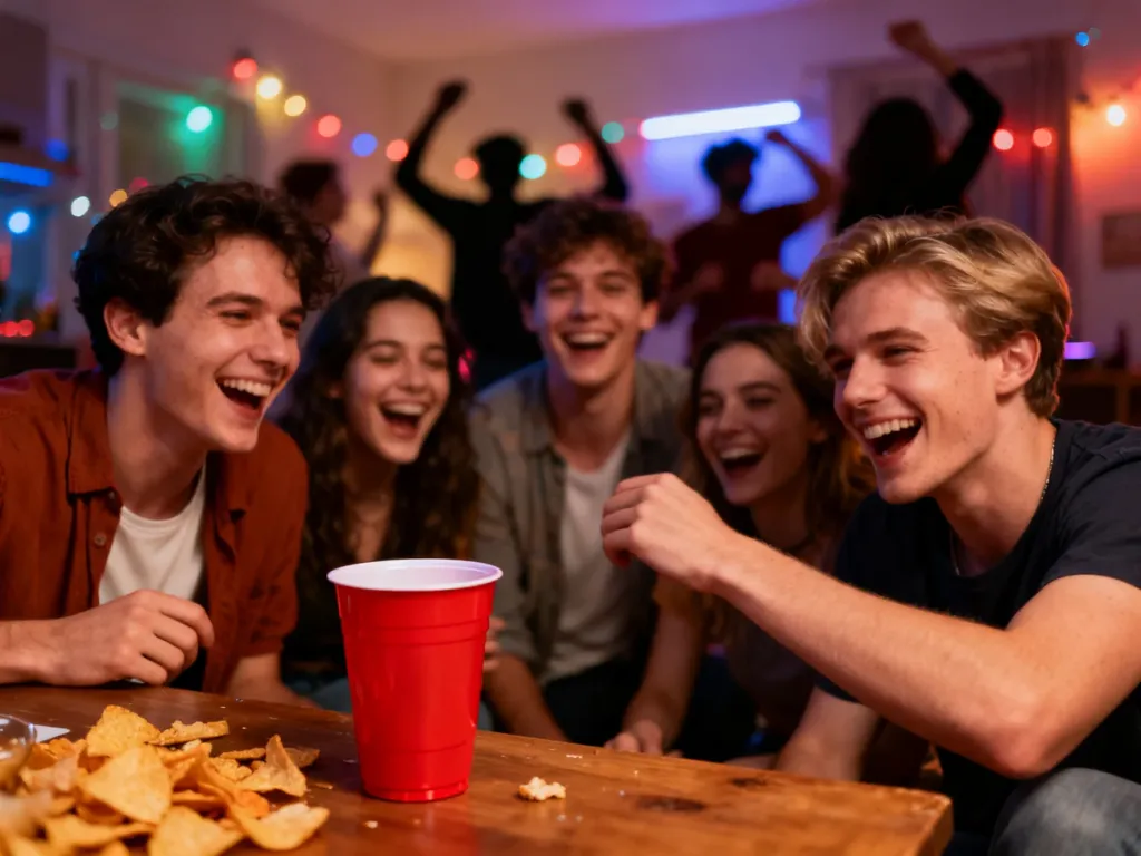 Grupa młodych ludzi bawiących się na domówce, co oddaje klimat komedii o imprezach w stylu American Pie.