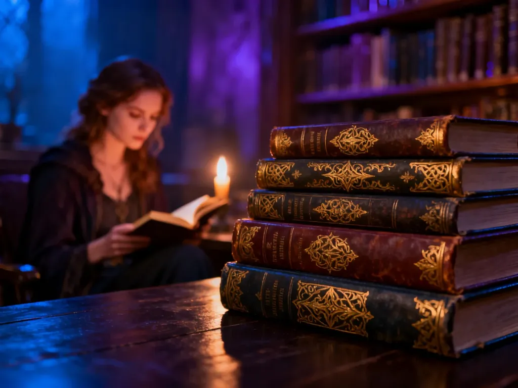 Stos starych książek fantasy na drewnianym stole, w tle kobieta czytająca przy świecach w klimatycznej bibliotece.