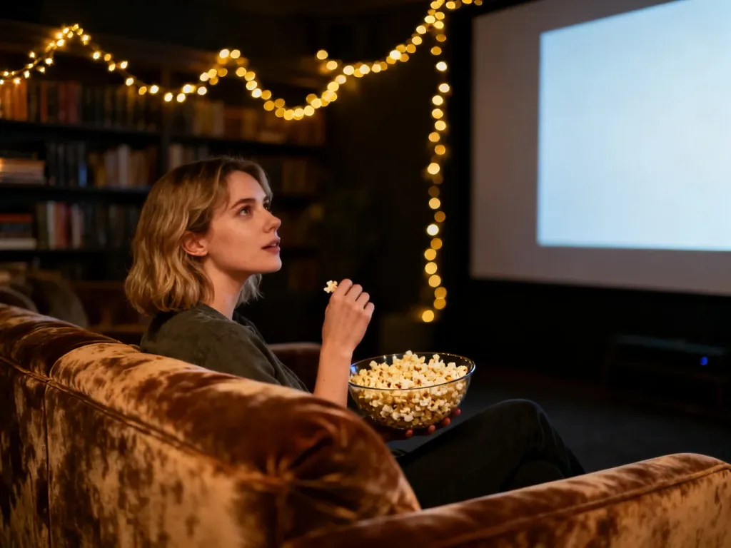 Młoda kobieta oglądająca film w przytulnym, nastrojowym kinie domowym z miską popcornu.